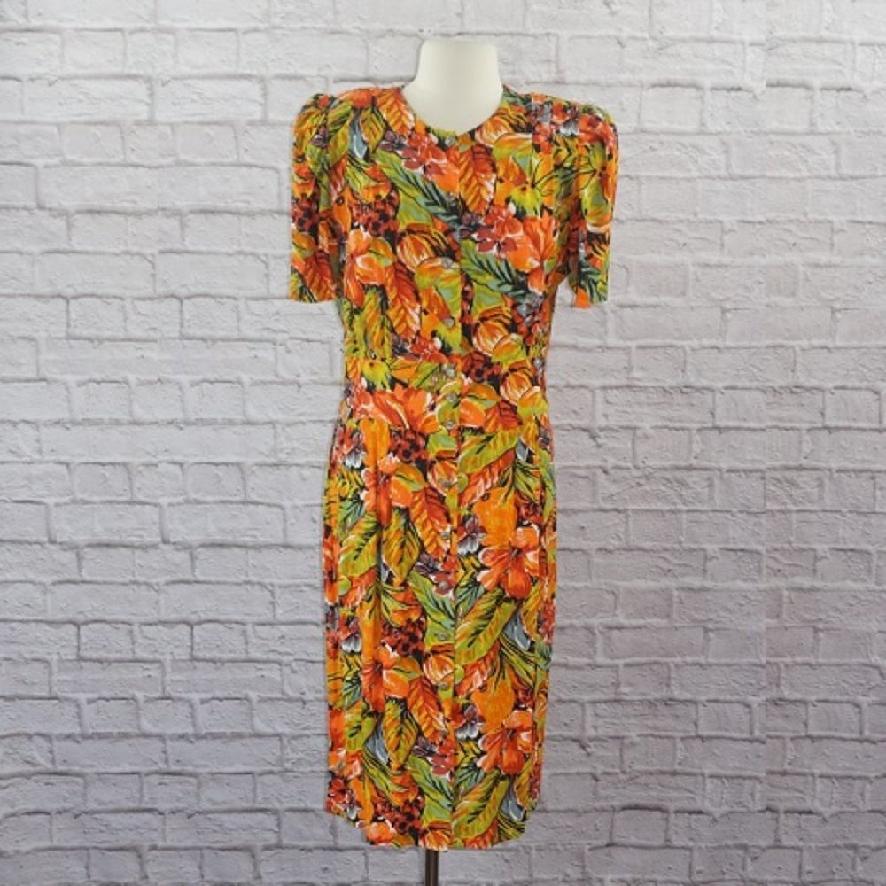 Vintage 80s Tropical Floral Print Dress 12